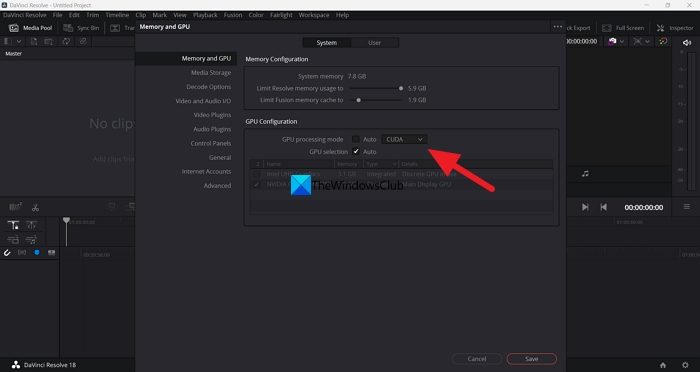 Adjust GPU settings on DaVinci Resolve