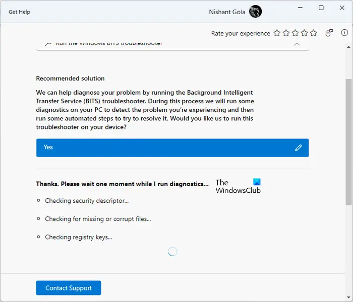 BITS Troubleshooter diagnosing the issues