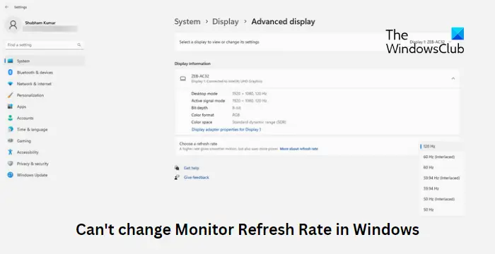 Can't change Monitor Refresh Rate in Windows