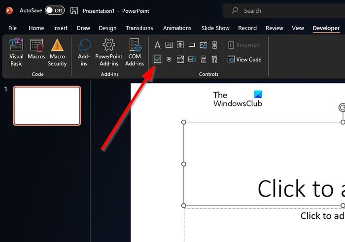Checkbox icon Developer tab PowerPoint