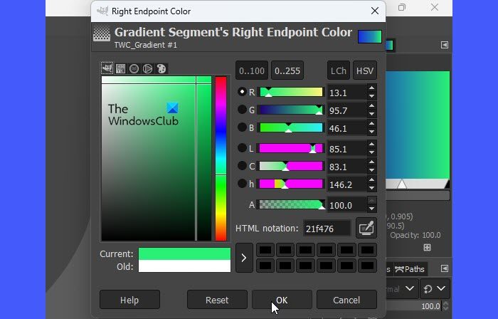 Choosing a new color for right endpoint of the gradient map