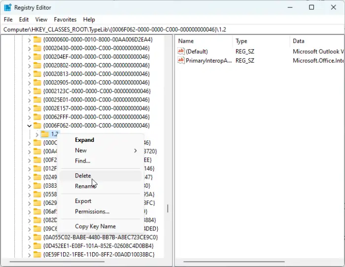 Delete 1.2 folder in Registry Editor