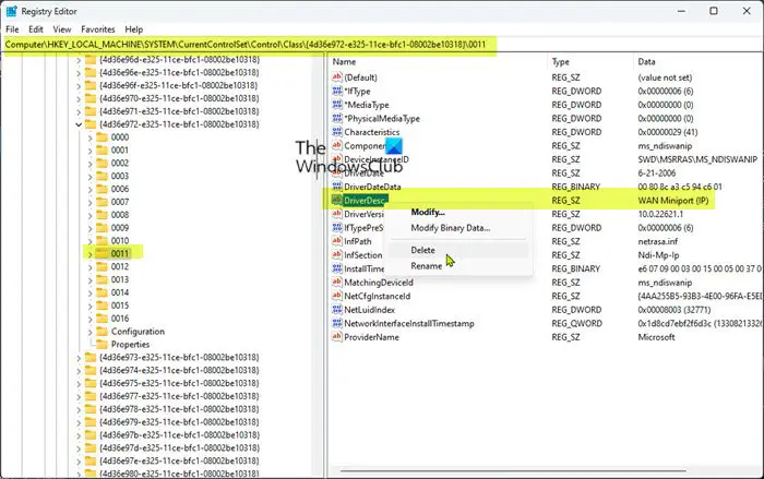 Delete WAN Miniport (IP) registry value