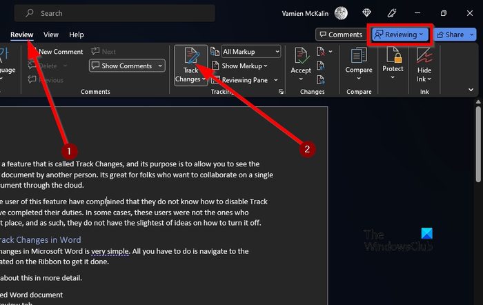 Disable Traced Changes in Word