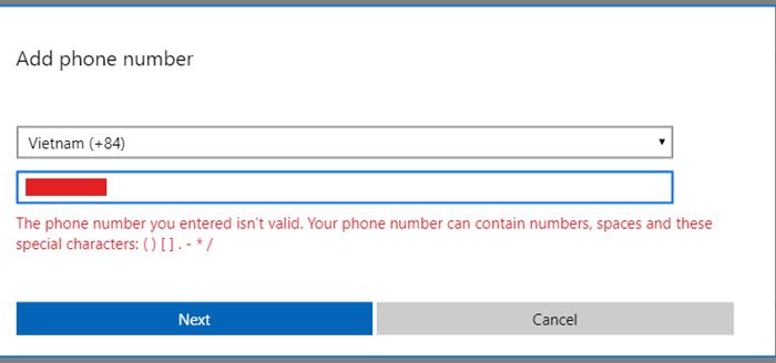 Error The phone number you entered isn't valid. Your phone number can contain numbers, spaces, and these special characters.