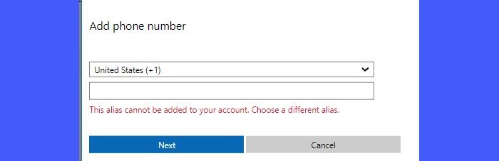 Error This alias cannot be added to your account. Choose different alias.