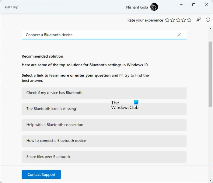 Get Help Bluetooth Troubleshooter fixes different Bluetooth issues