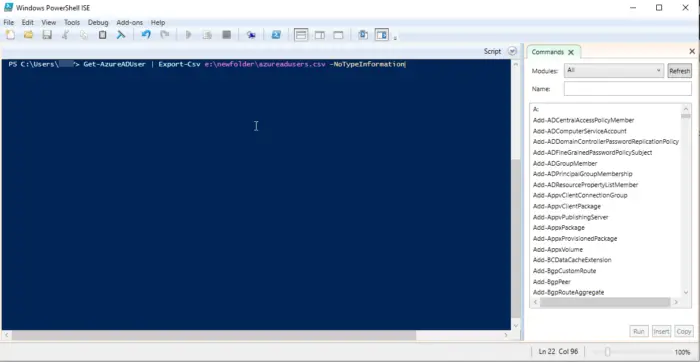Run the Export-CSV command in PowerShell elevated console