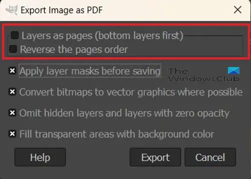 How to export a PDF from GIMP - Export image as PDF options- 1st options