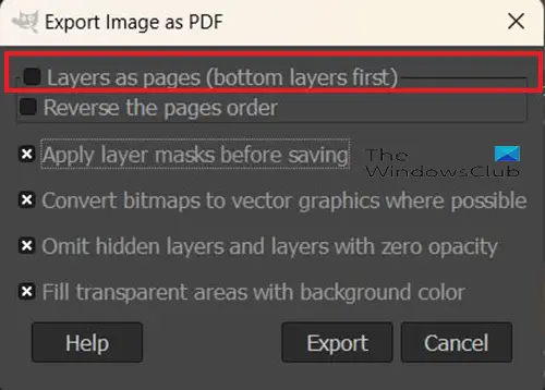 How to export a PDF from GIMP - Export image as PDF options - multiple layers