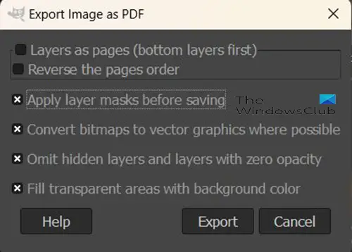 How to export a PDF from GIMP - Export image as PDF options