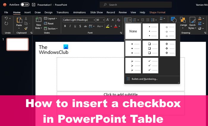 How to insert a checkbox in PowerPoint Table