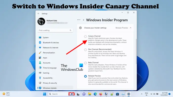 How to switch to Window Insider Canary Channel