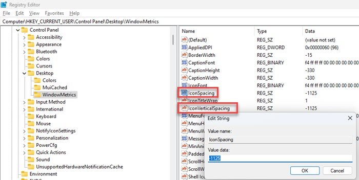 IconSpacing key in Windows Registry