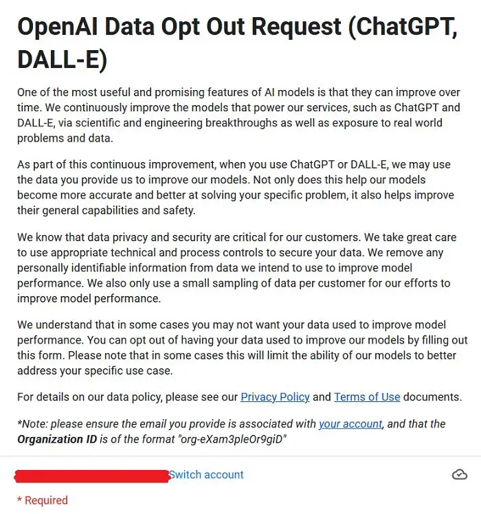 OpenAI Data Opt Out Request