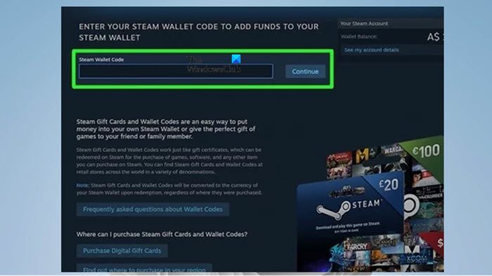 Redeem Steam Gift Card or Wallet Code via Steam website