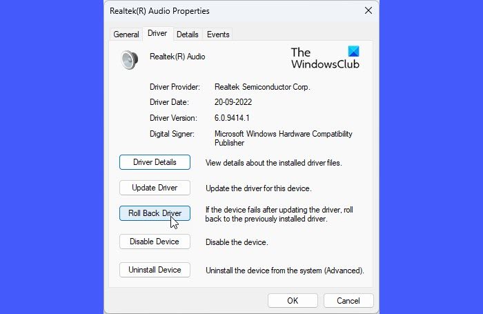 Roll back driver in Windows