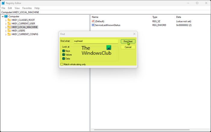 Search Windows Registry for Cuphead game registry files
