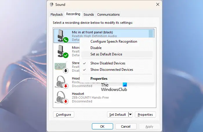 Set your microphone as default device