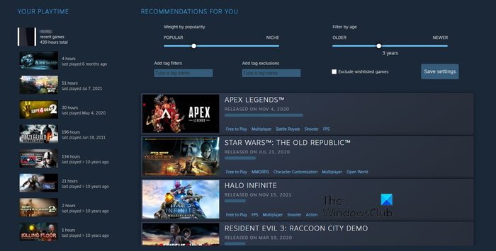 Steam Interactive Recommender List of Games