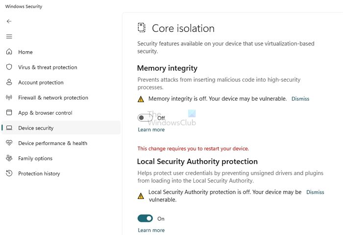 Temporarily disable Memory integrity