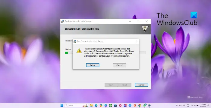 The installer has insufficient privileges to modify or access