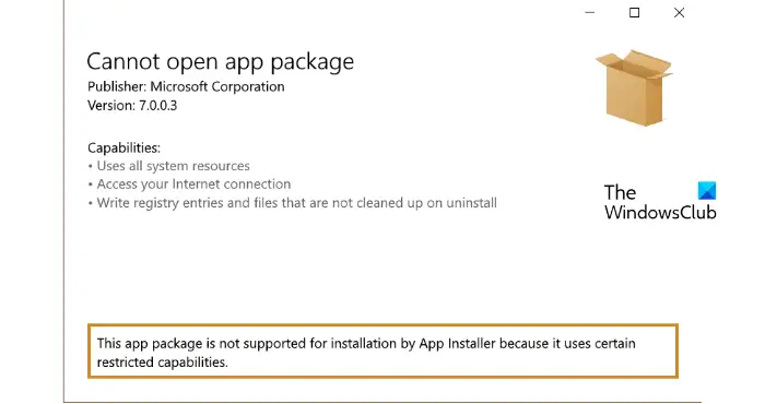This app package is not supported for installation by app installer