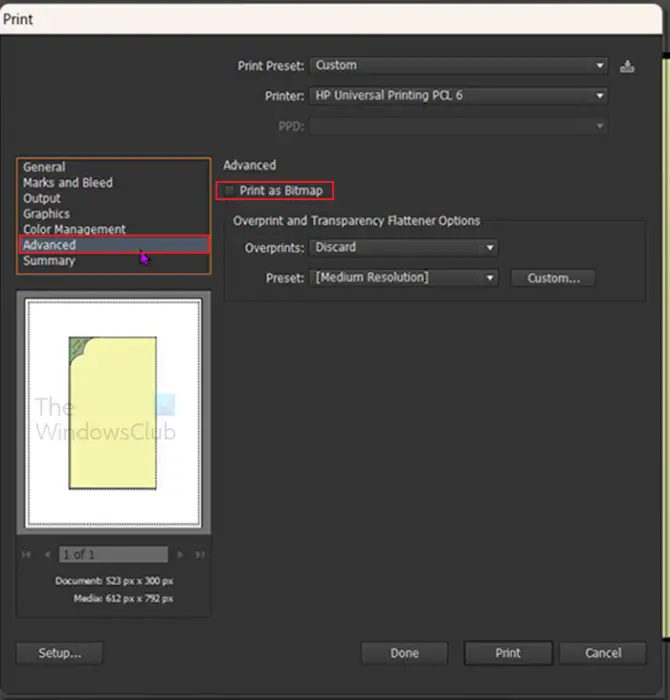 Troubleshoot printer problems in Illustrator - print as bitmap top menu 2