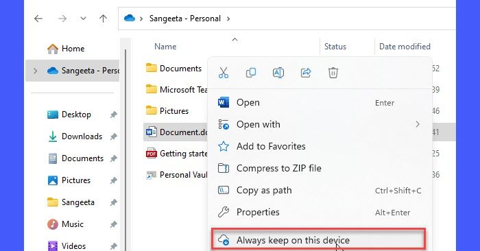 Turning on Always keep on this device in OneDrive