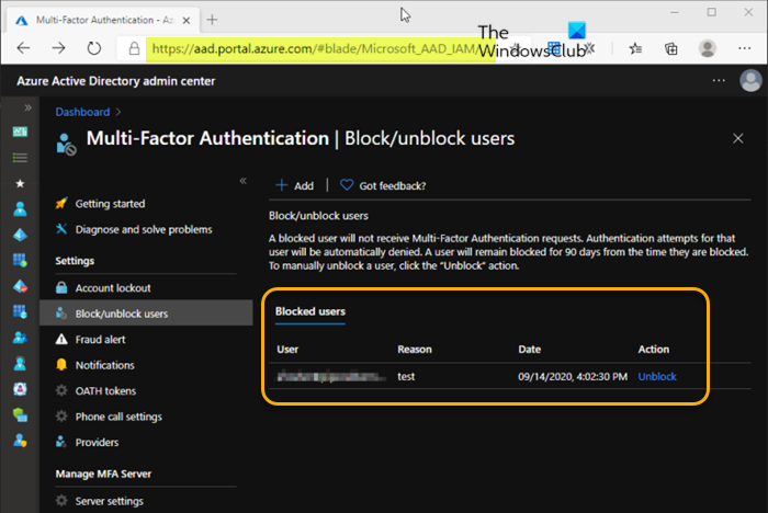 Unblock the user on the MFA page via Azure Active Directory