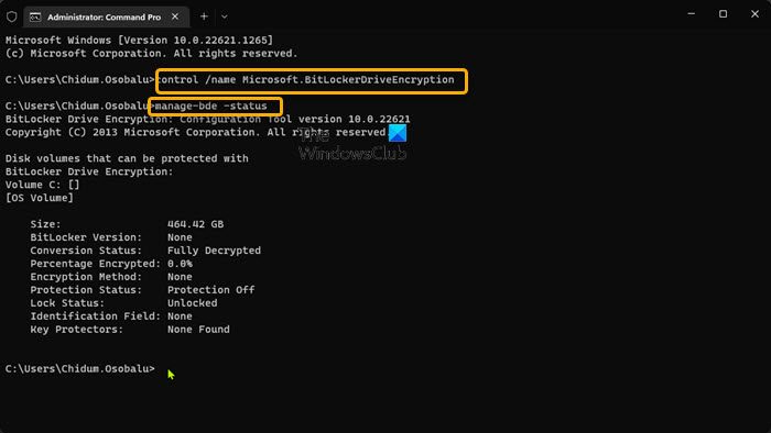 Use Command Prompt to open BitLocker Control Panel applet
