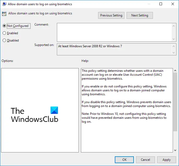 allow or disallow domain users to log on using biometrics using group policy editor