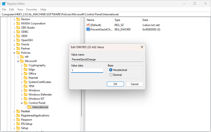 change geographic location settings using regedit