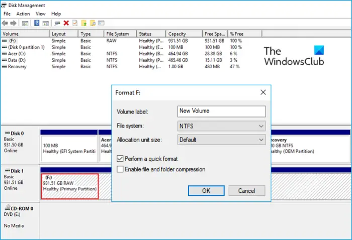 fix RAW drive using Disk management