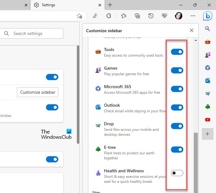 Accessing Customize sidebar panel from Edge Settings