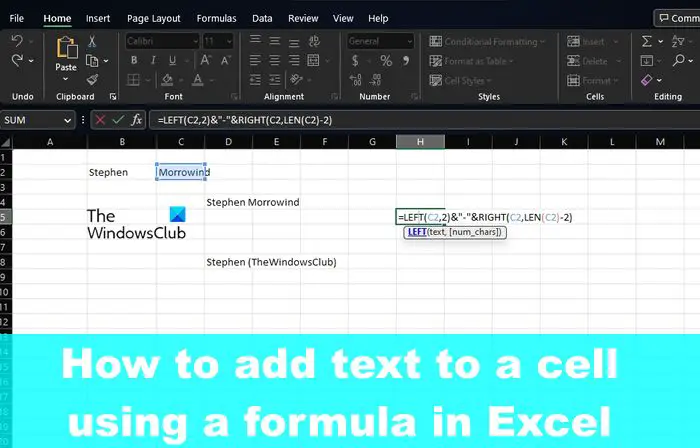 How to add Text to a Cell in Excel using Formula