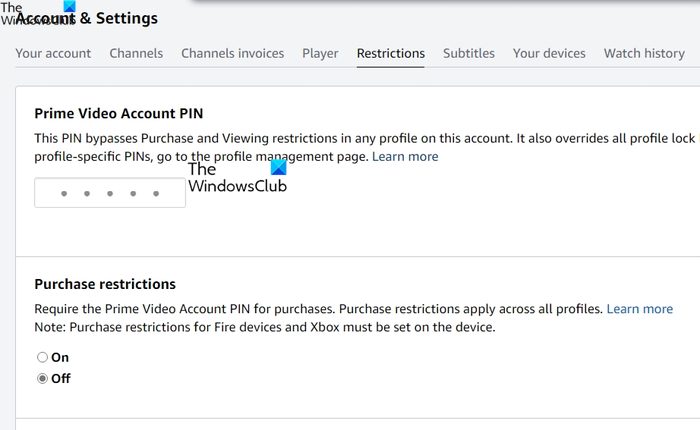 Amazon Prime Video Parental Controls or Restrictions