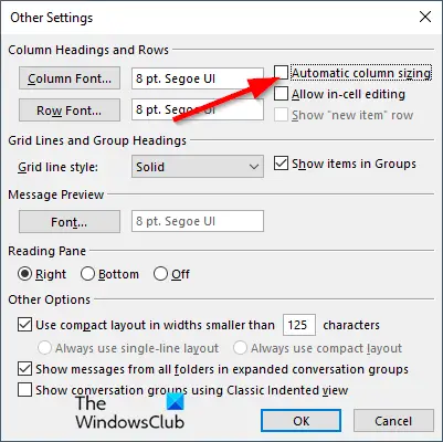 how to make email column smaller in outlook