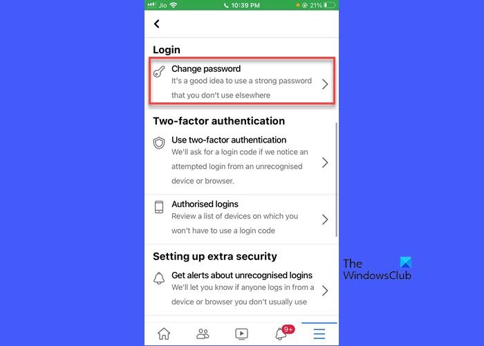 Change Facebook password on iPhone