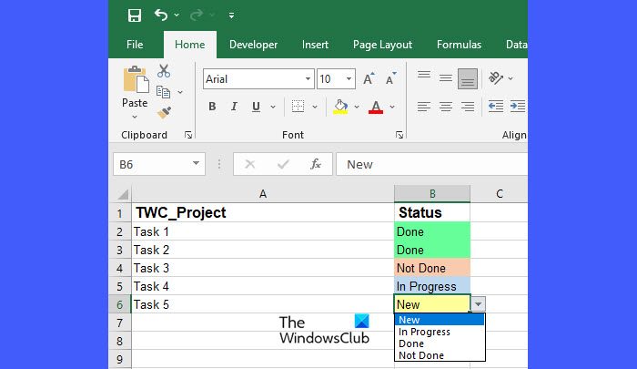 Create a dropdown list with color in Excel