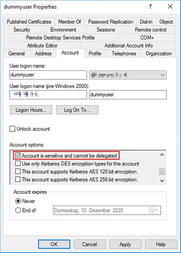 Disable Account is sensitive and cannot be delegated Option