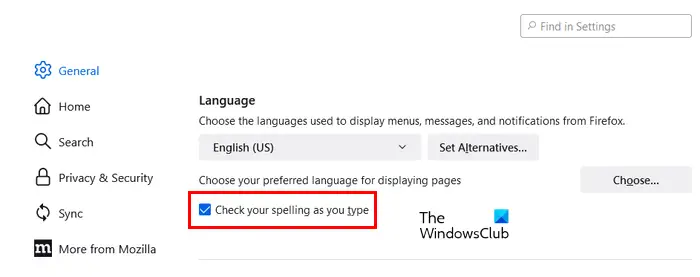 Enable Spell Check in Firefox Settings