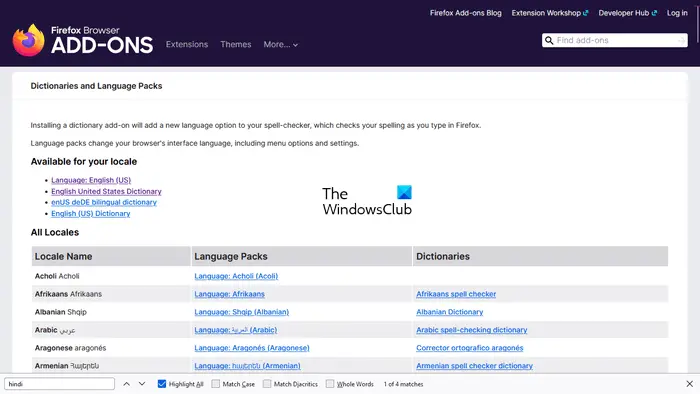 Firefox Dictionaries and Language Packs