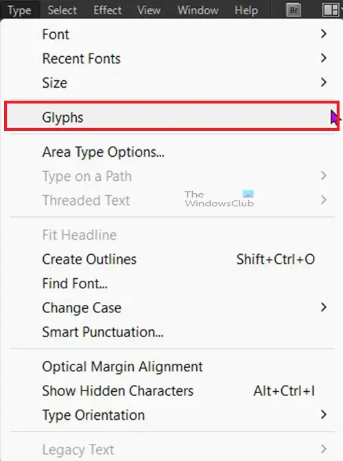 How to add Bullets and Numbering in Illustrator - Glyphs - top menu