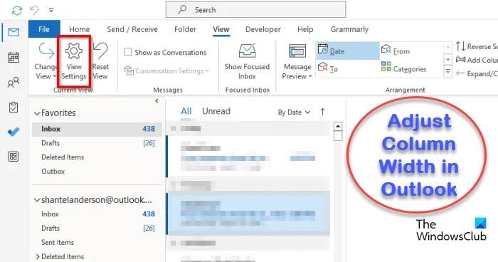 How to adjust Column Width in Outlook