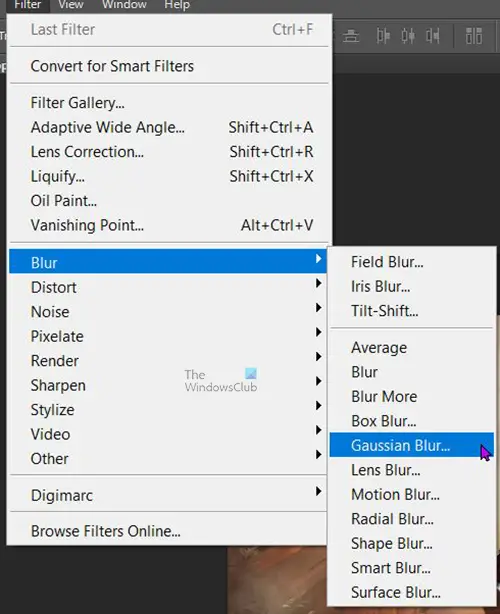 How to make realistic shadows in Photoshop. - Gaussian blur top menu