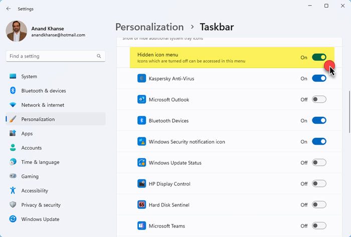 Press Win+I to open Windows Settings. Go to Personalization > Taskbar. Expand the Taskbar corner overflow section. Toggle the app buttons to show them.