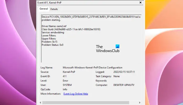 Kernel-PnP Event ID 411 on Windows