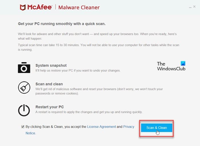 McAfee Malware Cleaner Home screen