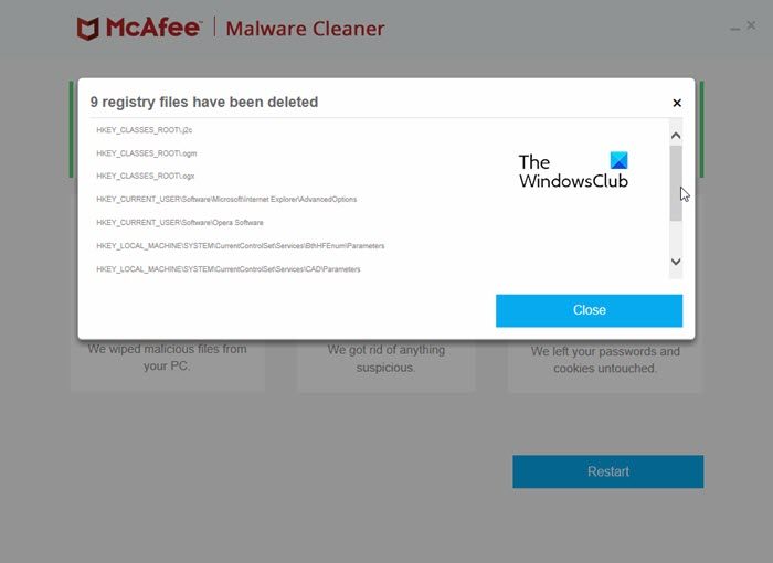 McAfee Malware Cleaner รายงานการสแกนโดยละเอียด